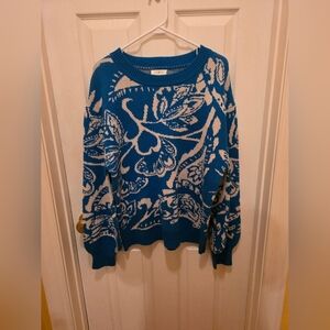 Umgee Blue and Cream Floral Crewneck Sweater